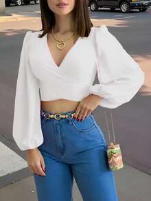 SHEIN Clasi Women's Minimalist Solid Color Lantern Sleeve Tie-Front Crop Blouse Fall Cloth For Women