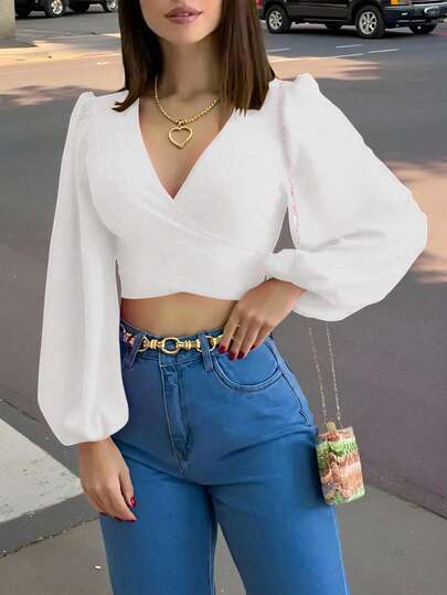 SHEIN Clasi 女式简约纯色灯笼袖系带短款衬衫