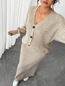 Elenzga Plus Size Solid Color Cardigan And Skirt 2 Pieces Set - Khaki - View 6