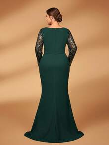Serin Plus Size Elegant Dark Green Winter Formal Wedding Guest Dress,Boat Neck Long Sleeve Beaded Patchwork Knit Mermaid Mother Of The Bride - Green - View 4