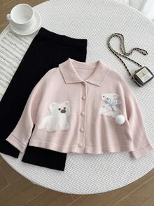 2pcs/Set Young Girl Cute Pink Rabbit & Dog Jacquard Knit Sweater Bow Decor Cardigan,Black Straight Leg Pants Fairy School Holiday Autumn Winter Sets - Pink - View 1