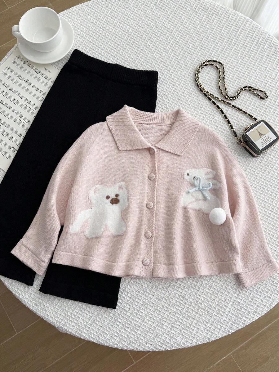 2pcs/Set Young Girl Cute Pink Rabbit & Dog Jacquard Knit Sweater Bow Decor Cardigan,Black Straight Leg Pants Fairy School Holiday Autumn Winter Sets - Pink - View 1
