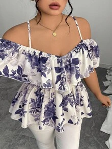 Elenzga Plus Size Elegant Off Shoulder Ruffle Trim A-Line Blouse, Spring/Summer - Blue - View 4