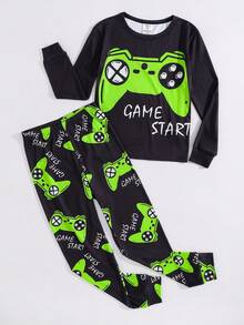 SHEIN 2 piezas Conjunto de pijama informal de manga larga con cuello redondo y estampado gráfico para niños/preadolescentes - Parte superior y Bottom - Negro - Ver 3