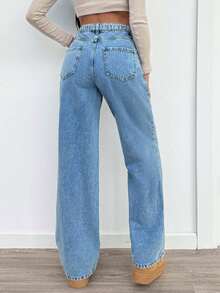 SHEIN Tall Quần jean ống đứng thoải mái, thoáng khí, có khóa cài, tiện dụng cho nữ, đi làm hàng ngày - Rửa trung bình - Xem 4