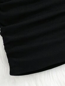 年轻女孩优雅黑色收腰修身方领长袖褶皱休闲连衣裙，适合派对、圣诞节、日常休闲、聚会。适合母女、姐妹套装 - 黑色 - 查看 10