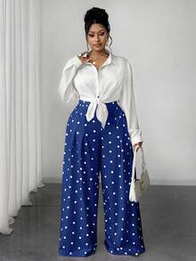 Maweii Plus Size Women High Waist Polka Dot Print Pleated Wide Leg Loose Pants
