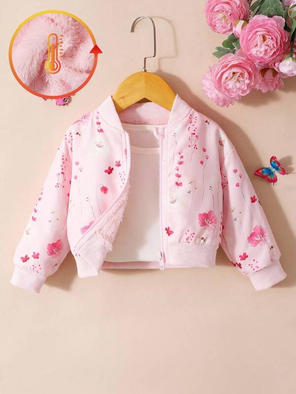 Baby Girls' Floral Print Thermal Lined Jacket, Warm Autumn/Winter Bomber Jacket, Fashion Outerwear