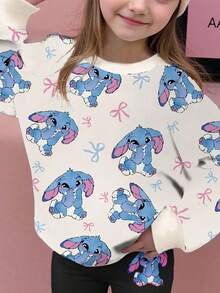 SHEIN 2 件奶油白和黑色可爱卡通蓝兔露露、蝴蝶结、针迹图案少女休闲柔软圆领长袖运动衫和紧身裤套装，适合秋冬季 - 彩色 - 查看 3