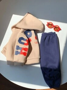 SHEIN Set de 2 piezas Chándal de niño bebé con sudadera con capucha y pantalones con gráfico de letras grandes para otoño/invierno - Multicolor - Ver 6