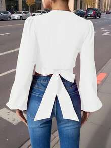 SHEIN Clasi Women's Minimalist Solid Color Lantern Sleeve Tie-Front Crop Blouse Fall Cloth For Women
