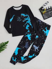 SHEIN 2 件套儿童/青少年男童休闲舒适印花圆领套头睡衣上衣和裤子针织家居服套装