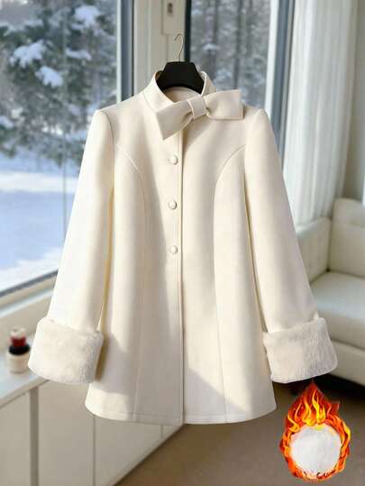 GlowEve Abrigo de lana con lazo decorativo de unicolor elegante para mujer, otoño/invierno