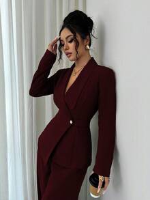 Elenzga 女士优雅翻领 V 领长袖独特设计腰带纽扣高端西装外套和直筒阔腿裤两件套西装，适合秋季上班通勤 - 中紫紅色 - 查看 6