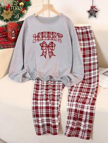 青少年女孩两件套睡衣套装，红色格子蝴蝶结印花牛奶丝灰色圆领长袖上衣和宽松舒适的全格子裤，圣诞红色格子服装 1 套 - 灰色 - 查看 1