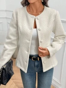 EMERY ROSE Fashionable Solid Color Waist Cinched Jacket, Autumn/Winter - White - View 4