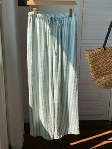 Solflare Mint Green Plus Size Women's Belted Striped Pants, Spring/Summer - Mint Green - View 3