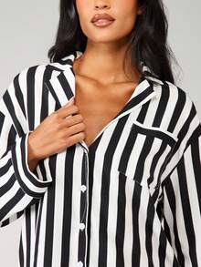 MISSGUIDED Bộ đồ ngủ tay dài cài nút kẻ sọc có cổ áo cổ điển sọc dọc đen trắng đồ ngủ mặc nhà bộ sưu tập thu đông vừa vặn thoải mái - Đen và trắng - Xem 6