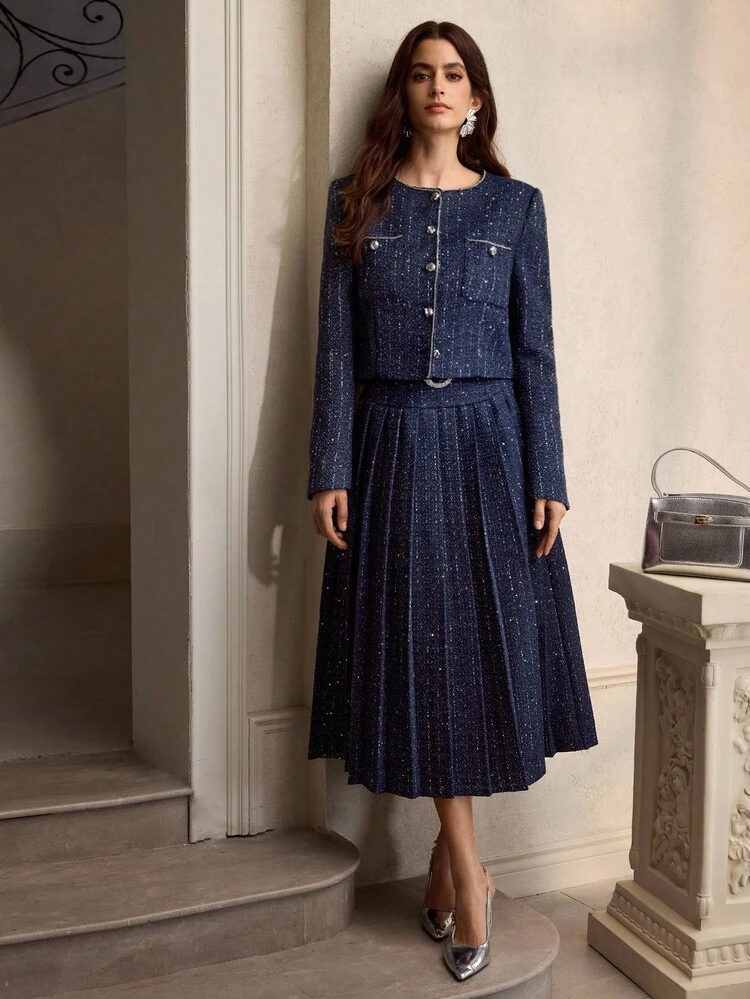ZEYLAH Women's Elegant Chain Decor Jacket - Navy Blue - View 5