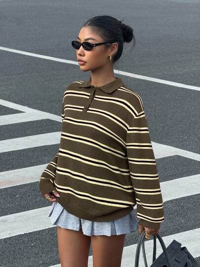 Muchica Women's Casual Loose Polo Collar Striped Drop Shoulder Long Sleeve Sweater, Autumn/Winter Brown Sweater Striped Long Sleeve Coffee Brown Top Brown Clothes,Cozy Fall And Winter Clothes For Women Earthy Tops