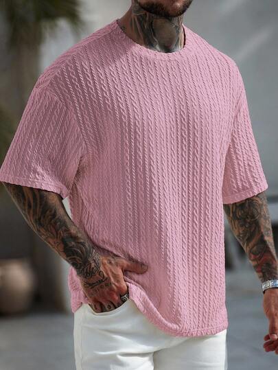 Manfinity CasualCool Men's Knitted Jacquard Solid Color Crew Neck Casual Short Sleeve T-Shirt