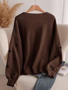 CosyJoli Plus Size Women Heart Knitted Cardigan, French Elegant Fashion Autumn/Winter Sweater Coat Brown Cardigan Sweater For Women Pullover For Women Brown Sweater Bow Sweater - Coffee Brown - View 2