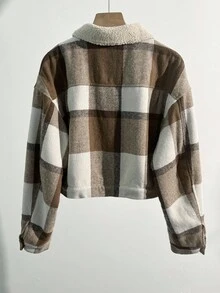 Franclia Women's Retro Brown Plaid Jacket With Fleece Lining, Women's Button Jacket, Women's Autumn And Winter Fleece Lined Jacket, Women's Outfit, Women's Fashionable Casual Outfit