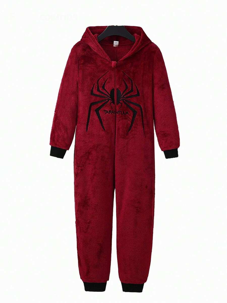 Boys Burgundy Spider Graphic Hooded Long Sleeve One-Piece Pajamas With Zipper Warm And Cozy Sleepwear For Kids Fall Winter - Burgundy - View 1
