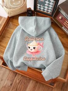 SHEIN Playful Pals 少女芭蕾舞卡布奇諾舞者圖案印花運動衫，灰色，秋季，返校季，休閒可愛幽默運動衫，適合運動、校園穿著 - 灰色 - 查看 4