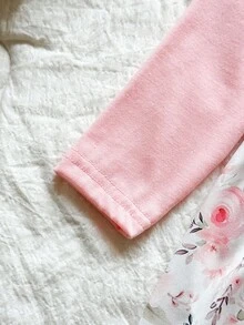 SHEIN Baby Girls' Pink Floral Print Dress With Matching Headband, Cute Design, Comfortable & Stylish For Everyday Wear, Autumn