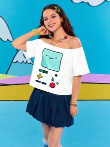 Adventure Time X ROMWE Women's Summer Off-Shoulder Funny Cartoon Graphic T-Shirt - White - View 7
