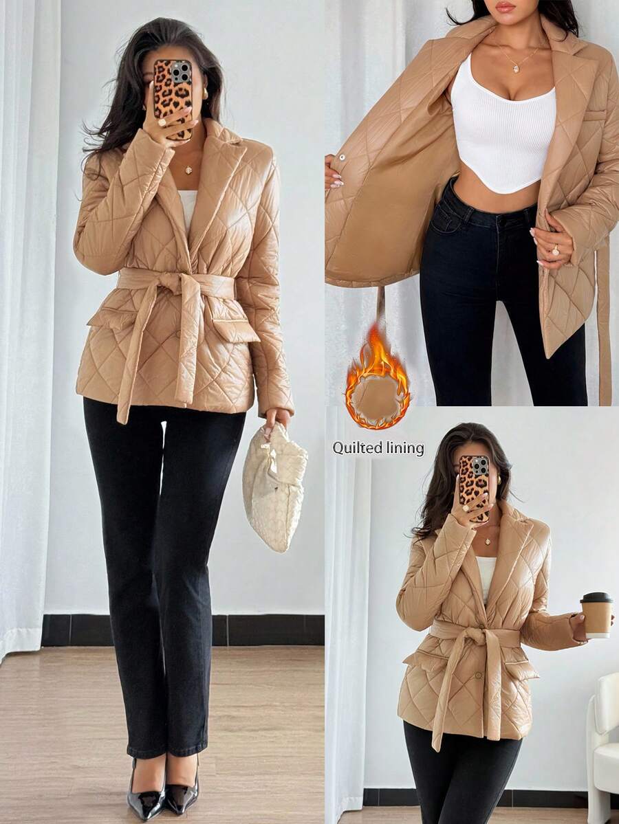 Chiquease Women's Fashionable Diamond Embossed Waist Tie Temperament Design Cotton Coat Women's Suit Collar Cotton Coat Autumn Fall For Women Fall Autumn Fall For Women Autumn For Women Fall Autumn Women Fall Women Going Out Going Out Winter Winter For Women Elegant Fashionable Casual Commuting Business Office Daily Leisure All-Match Temperament Urban Teacher Professional Attire - Khaki - View 1