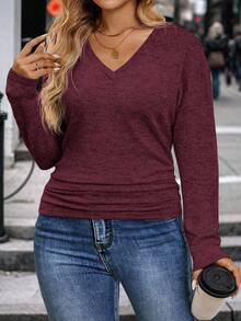 EMERY ROSE Damen Große Größen Lässig V-Ausschnitt Langarm Geraffter Saum T-Shirt, Herbst/Winter