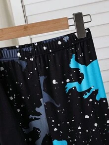 SHEIN 2 件套儿童/青少年男童休闲舒适印花圆领套头睡衣上衣和裤子针织家居服套装