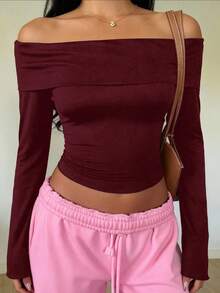 SHEIN EZwear Áo hở vai tay dài dáng xòe ôm vừa vặn dành cho nữ, phù hợp cho mùa thu/đông - Màu Đỏ Sâu - Xem 5