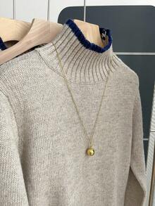 Franclia French Retro Loose High Neck Long Sleeve Contrast Trim Knit Pullover Sweater For Women, Autumn/Winter Women's Winter Sweater Going Out Tops For Women Casual Tops For Women