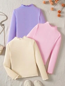 SHEIN 青少年女孩三件套休闲百搭纯色罗纹生菜边立领T恤 - 淡紫色 - 查看 6