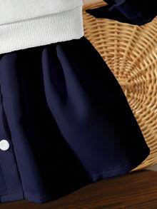 SHEIN 2pcs Baby Girls' Casual Black Embroidered Heart Vest And Blue Dress Set - Royal Blue - View 3