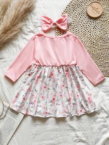 SHEIN Baby Girls' Pink Floral Print Dress With Matching Headband, Cute Design, Comfortable & Stylish For Everyday Wear, Autumn