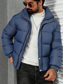 Manfinity Homme Men's Solid Color Long Sleeve Zipper Front Short Casual Padded Coat, Blue Winter Smart Casual Club Puffer Outerwear - Blue - View 4