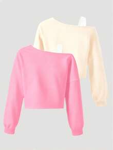 2pcs/Set Tween Girls' Elegant Cold Shoulder Long Sleeve Sweatshirt, One Shoulder With White Strap, Ribbed Cuffs, Suitable For Travel, Outing, School - Multicolor - View 2