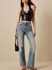 Maija 2025PU Top sin mangas con cuello halter y decoración metálica para mujer, otoño temprano - Negro - Ver 2