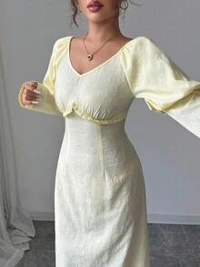 SHEIN Unity Women's Pale Yellow Autumn Elegant Brunch Dress,Round Neck Puff Sleeve Natural Waistline A-Line Pleated Solid Ankle-Length Sweet Retro Urban Dress - Light Yellow - View 3