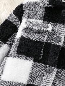 SHEIN 女童黑白格子休闲珊瑚绒长袖外套，适合秋冬季节，长款毛绒外套 - 黑與白 - 查看 4