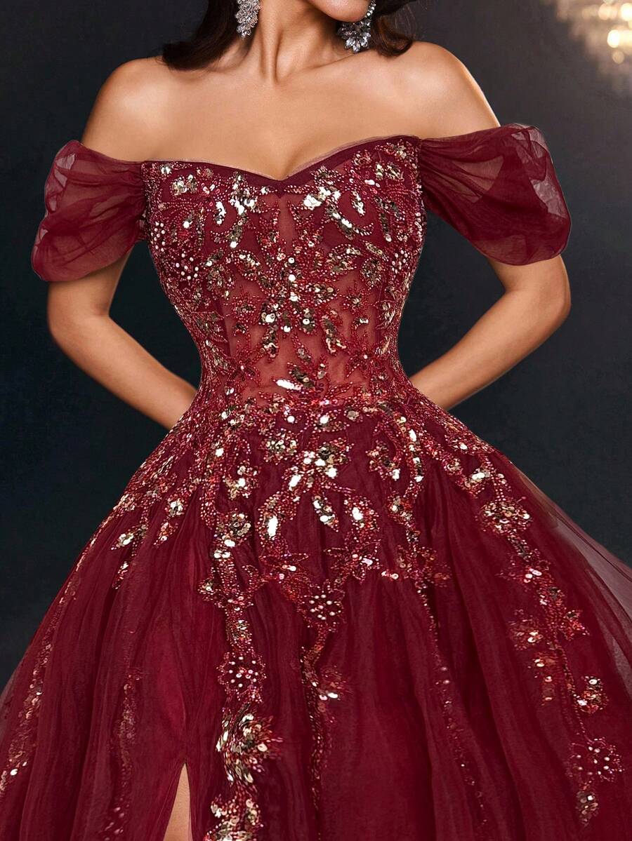 Glamrae Đầm maxi trễ vai xẻ cao, sang trọng, thanh lịch với ren thêu 3D tinh tế và đuôi dài, thích hợp cho đám cưới, sự kiện, tiệc tùng, kỳ nghỉ, dạ hội, các dịp trang trọng (thêu cầu kỳ), Ngày Valentine. - Màu Đỏ Sâu - Xem 1