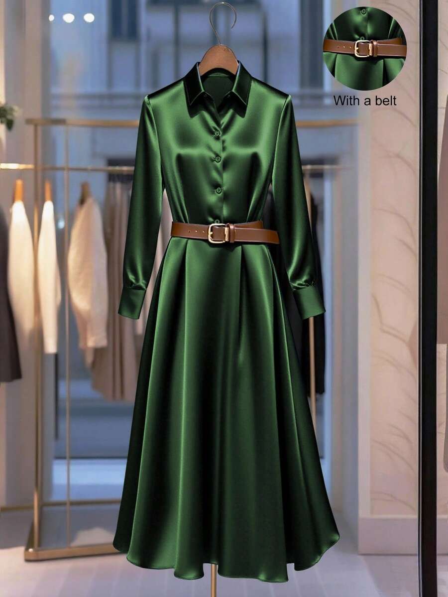 Franclia 新款收腰长款舞会礼服领女式连衣裙，春秋季 - 軍綠色 - 查看 1