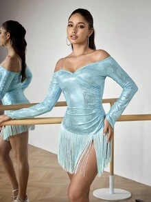 Menodora SHEIN Sport 女士优雅露肩拉丁舞裙，蓝色 - 淺藍色 - 查看 1