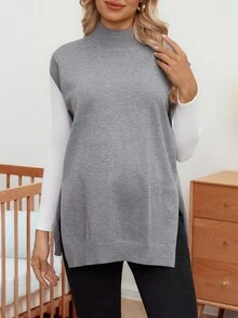 SHEIN 孕妇高领休闲开衩宽松套头衫 - 深灰色 - 查看 1