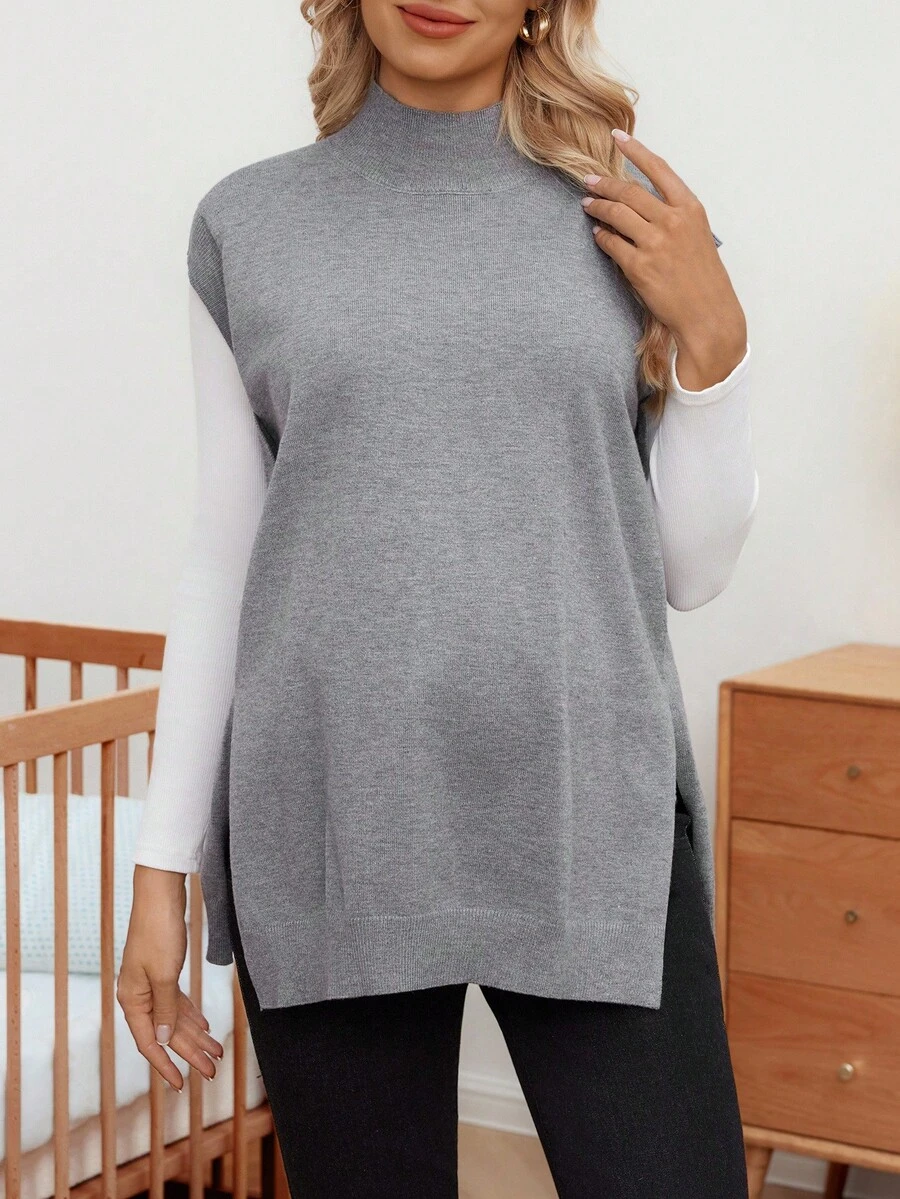 SHEIN 孕妇高领休闲开衩宽松套头衫 - 深灰色 - 查看 1