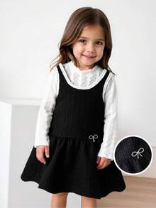 Maija Kids Maija Kids 2 件套年轻女孩经典时尚百搭派对休闲优雅简约白色立领蕾丝长袖 T 恤搭配黑色粗花呢无袖连衣裙饰有金属蝴蝶结饰边